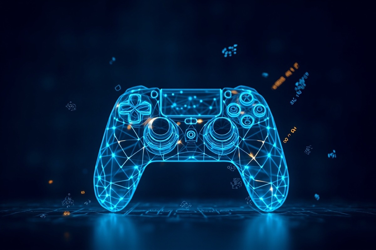 Wireframe game controller over a blueprint grid