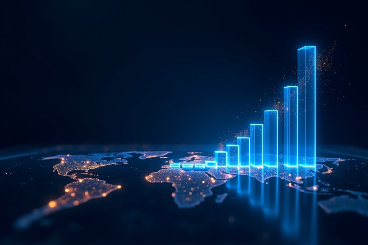 Glowing growth chart rising over a world map
